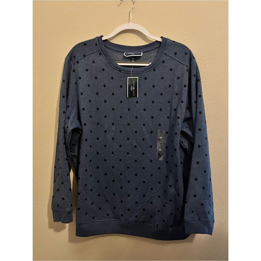 Karen Scott Navy Sweatshirt with Black Polka Dots